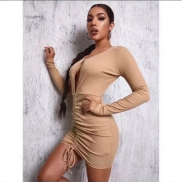 RIBBED PEEKABOO DRAWSTRING BODY-CON DRESS - Picture 2 of 7